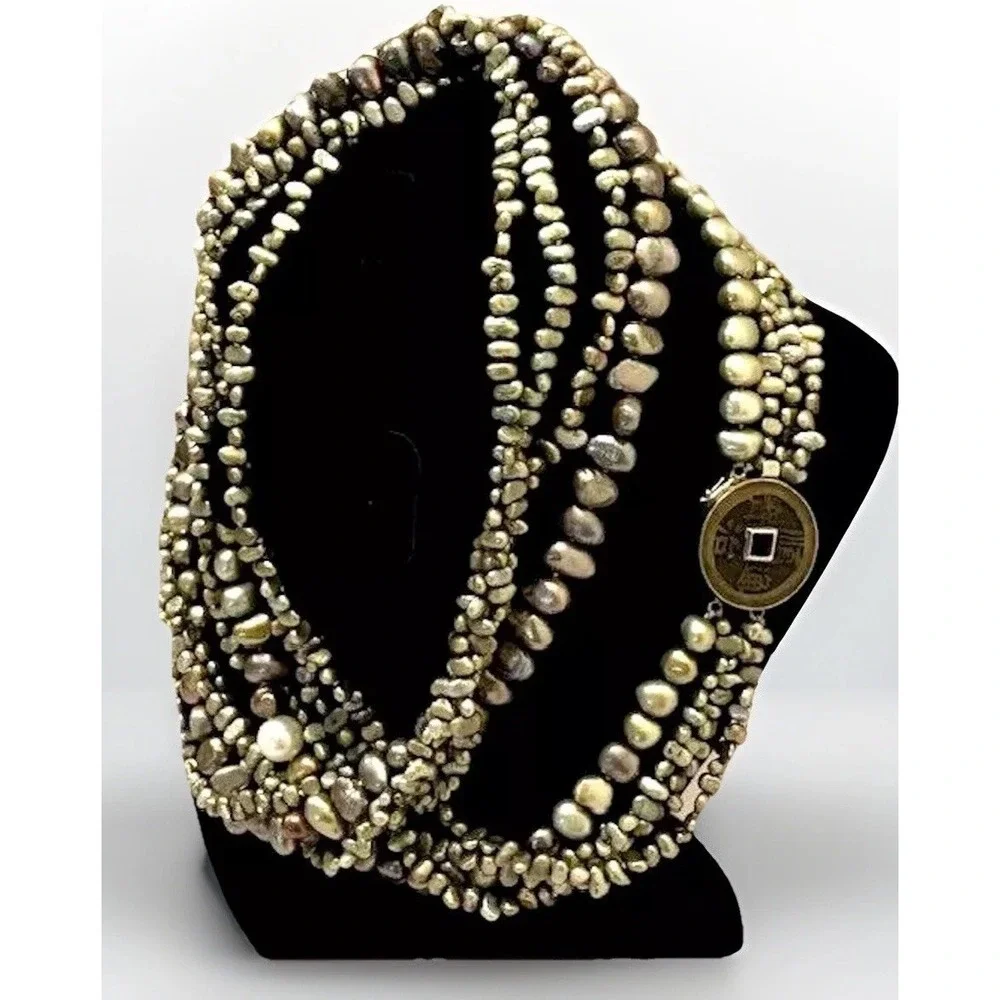 VTG Multi Strand Pearl Necklace Chunky Statement Asian Sterling Silver Coin MCM